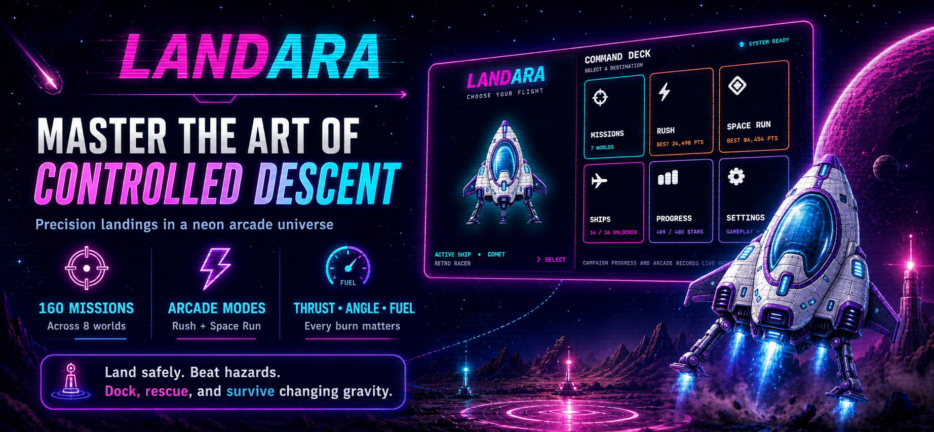 Landara App Store preview showing the neon command deck and lander